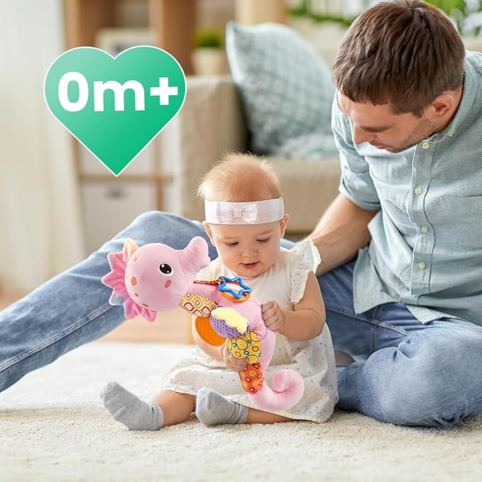 LIGHTDESIRE Baby Toys Musical Seahorse,Infant Stuffed Animal Toys with Crinkle and Rattles,Soft Sensory Toys with Textures for Tummy Time Newborn Boys Girls 0 3 6 12 Months(Pink)
