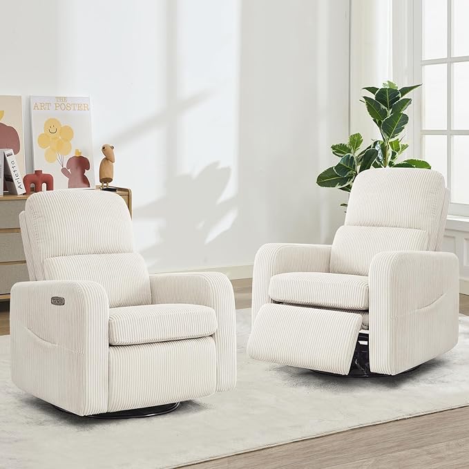 Swivel Rocker Recliner, Oversized Power Recliner Glider with Removable Cushion, Upholstered Swivel Reclining Nursery Chairs for Living Room Bedroom, Corduroy White