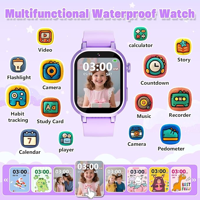 Kids Waterproof Smart Watch Girls Gift Age 3-12 with 39 Game HD Touch Screen Music Player Video Camera Pedometer Alarm Clock Toys Birthday Gifts for 6 7 8 9 Year Olds Purple