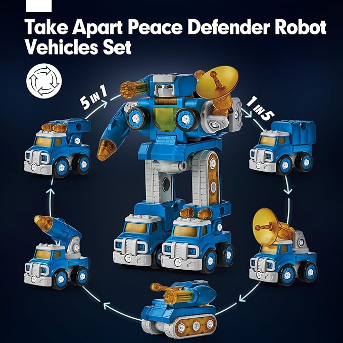 hahaland 5 Year Old Boy Birthday Gift - STEM Toys for Ages 5-7, Toy for 5 6 Year Old Boy, 5 in 1 Building Take Apart Trucks Transform to Robot, Boys Toys Stocking Stuffers for Kids Christmas Ages 5-8