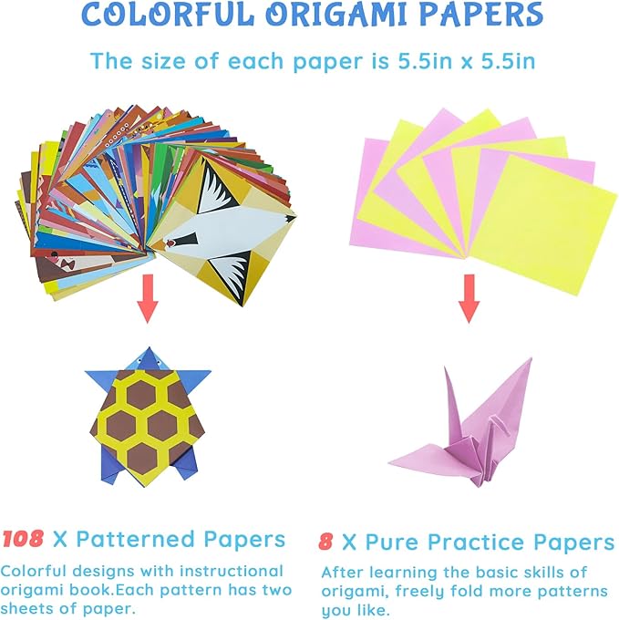 Origami Kit for Kids Ages 5-16, 108 Sheets with 54 Patterns & Instruction Book | Origami Paper Kit for Beginners & Advanced | Arts & Crafts Toys for Girls & Boys Ages 8-12 | Birthday & Christmas Gifts