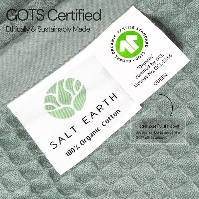 Salt Earth GOTS Certified 100% Organic Cotton Throw Blanket, 108"X90" Blankets & Throws for Bed, Throw Blanket for Couch,Modern & Cozy Blanket, All Seasons Waffle Blanket, Soft Blanket (Silver Blue)