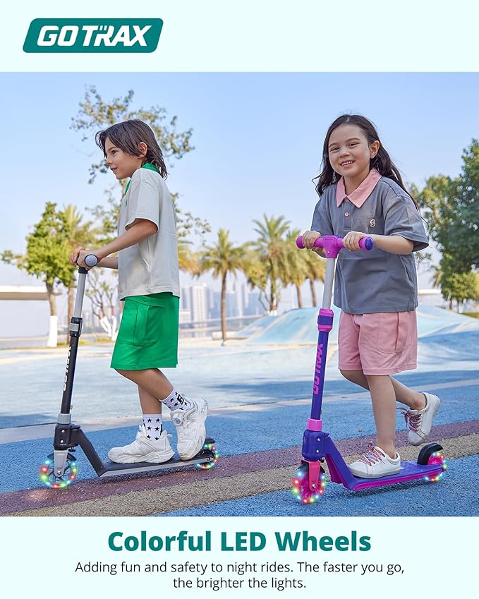 Gotrax K03 Kick Scooter for Kids, 5" LED RGB Lighted Wheels, 4.6 Lbs Lightweight and One-Click Detachable Design, Height Adjustable Handlebars, Anti-Slip Deck and Max Load 110 Lbs for Boy&Girl Age 3+