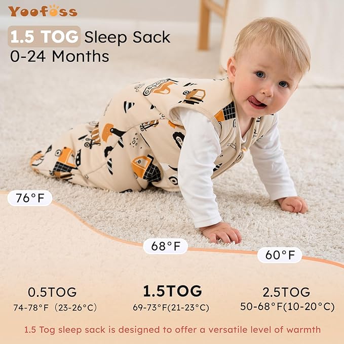 Yoofoss Baby Sleep Sack 0-6 Months, 1.5 Tog Baby Wearable Blanket with 2-Way Zipper, 100% Cotton Organic Fabric Winter Infant Sleeping Sack, Warm Soft Comfy