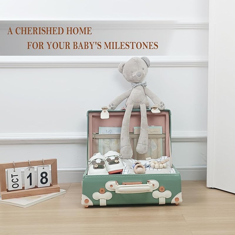 Unitravel Baby Keepsake Case, 13" Handmade Memory Storage Box, Newborn Keepsake Box, Vintage Suitcase for Baby Shower, Baptism, Naming Ceremony or Birthday (mint green)