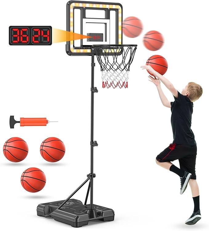Kids Indoor Basketball Hoop with Scoreboard & Timer,Toddler Adjustable Height Basketball Goal Toy for Outdoor Backyard,Sports Game Play