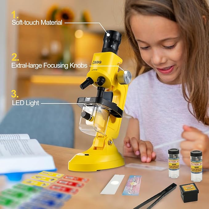 Little World Microscope for Kids, 100x 400x and 1200x Science Kits for Kids Age 5-7 Age 8-12, Microscope Beginner Kit with LED, Learning Resources Toys, Science Experiment STEM Kits, Yellow