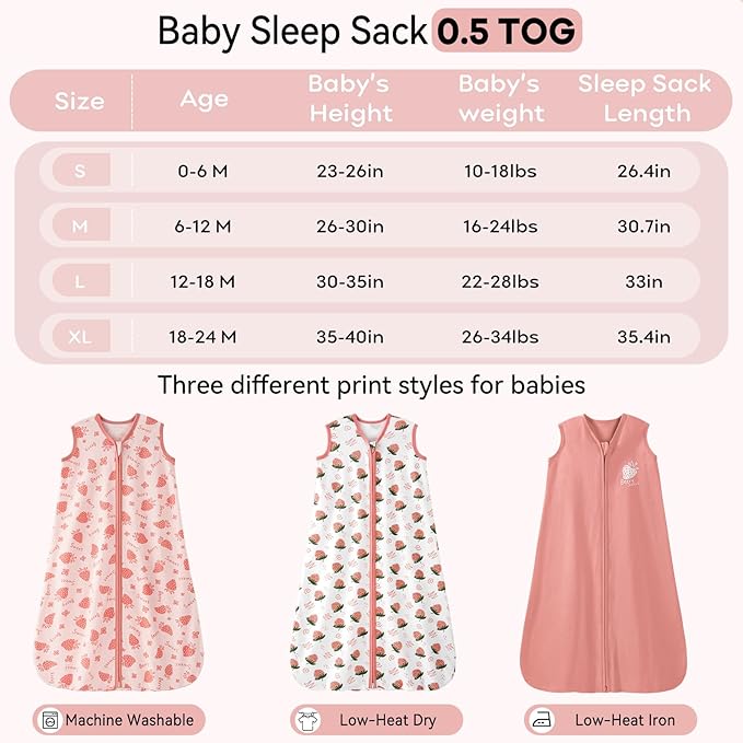 Baby Sleep Sack 0-6 Months 0.5 Tog Wearable Blanket Baby, 3 Pack 100% Cotton Lightweight Sleeping Sack with 2-Way Zipper for Newborn Infant Strawberry