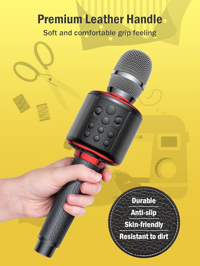 Wireless Bluetooth Karaoke Microphone, Built-in Loud Speaker for 10H Playback, Add Reverb/Duet Mode/Earbuds Monitoring, Portable Karaoke Machine for Entertainment & Singing Practice (Black&Red)