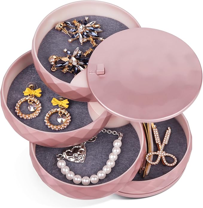 CONBOLA Travel Jewelry Case Box, Small Jewelry Organizer Earring Holder for Women, 5-Layer Rotating Jewelry Storage Tray with Lid for Bracelets Rings Bracelets