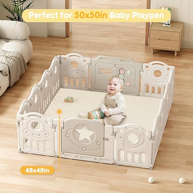 Padded Baby Play Mat, Super Soft Vegan Leather Floor Mat for Baby Girls and Boys, 48x48 Non-Slip Thick Foam Cushioned Play Mat for Babies 6-12 Months, Fits Nicely Into 50x50 Playpen Mat, Beige