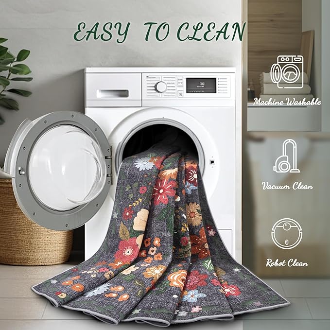 Area Rug Living Room Rugs: 5x7 Washable Rug Vintage Floral Soft Boho Non Slip Carpet Indoor Floor Non Shedding Low Pile Thin Carpets for Bedroom Dining Room Farmhouse Nursery Home Office Black