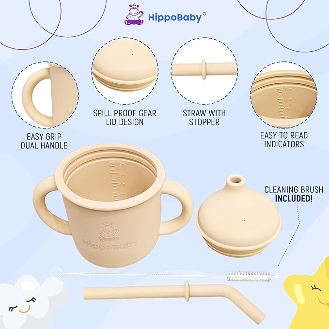 Silicone Transition Sippy Cup for 6+ month old | Includes 1 Toddler straw cup & 1 Baby Sippy Cup with Handles 5 oz | Perfect for Baby Led Weaning (Cream/Rose Quartz, 5 oz)