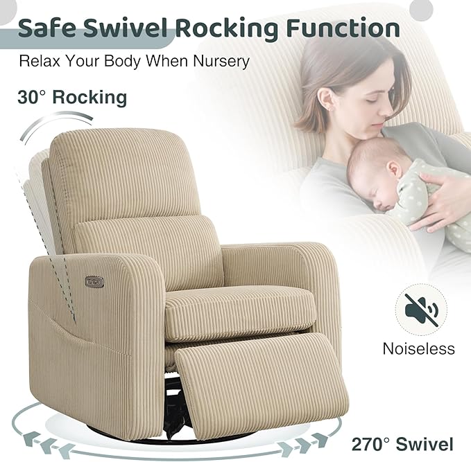 Swivel Rocker Recliner, Oversized Power Recliner Nursery Glider with Removable Cushion, Upholstered Swivel Reclining Chairs for Nursery Living Room Bedroom, Corduroy Camel