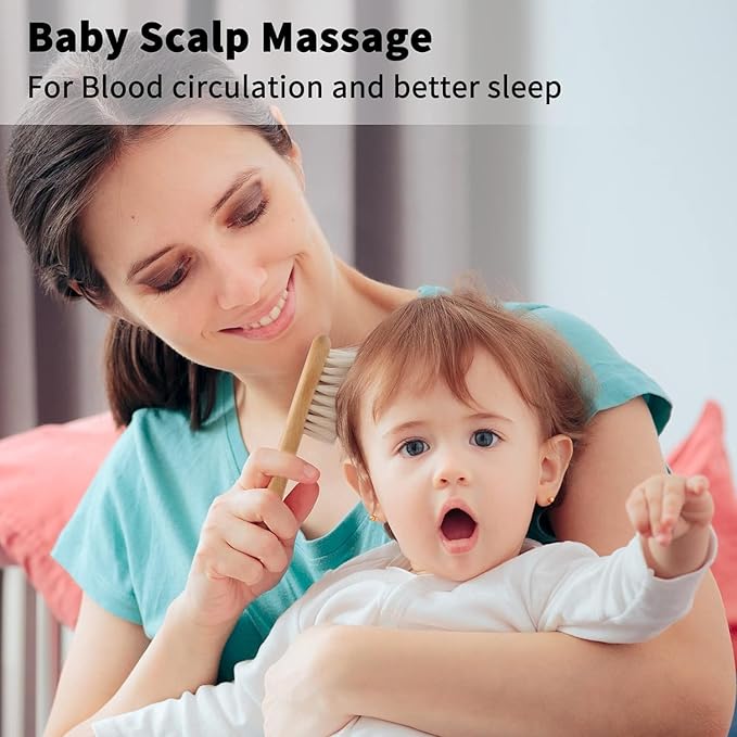 Goat Baby Hair Brush Set, Wooden Comb Massage Scalp Comb, Safe Natural Hair Care Kit, Soft Silicone Bath Brush for Newborns Toddlers (Brush Set+ Green Massager)