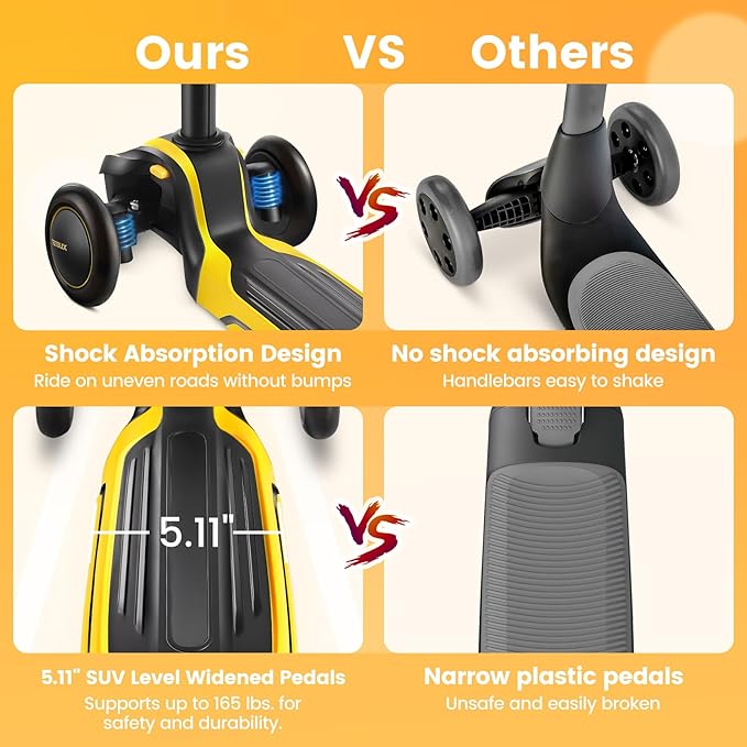 TONBUX Kids Scooter for Age 3-12, Toddler Scooter with 4 Adjustable Heights, Light Up 3-Wheels Scooter, Shock Absorption Design, Lean to Steer, Balance Training Scooter for Kids