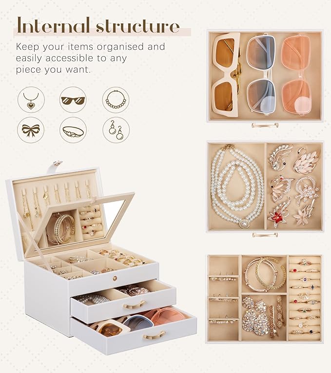 White Jewelry Box Organizer: Home Decor for Women - 2-Drawer Holder for Valentine’s Day Birthday Christmas White Pink