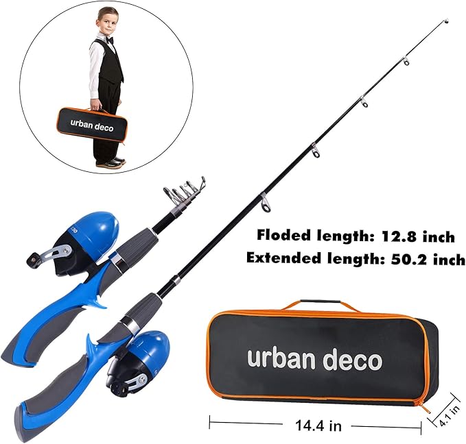 Urban Deco Kids Fishing Pole Set Portable Telescopic Kids Fishing Rod and Reel Combo Kit with Tackle Box for Beginners, Boys,Girls,Youth,Children