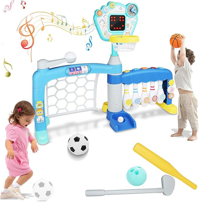 Toddler Basketball Hoop with Adjustable Height, 5 in 1 Toddler Sports Activity Center, Basketball Bowling Baseball Soccer Golf Set, Indoor Outdoor Sports Toy for Baby Birthday Present