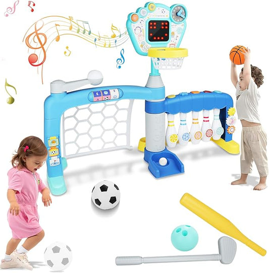 Toddler Basketball Hoop with Adjustable Height, 5 in 1 Toddler Sports Activity Center, Basketball Bowling Baseball Soccer Golf Set, Indoor Outdoor Sports Toy for Baby Birthday Present