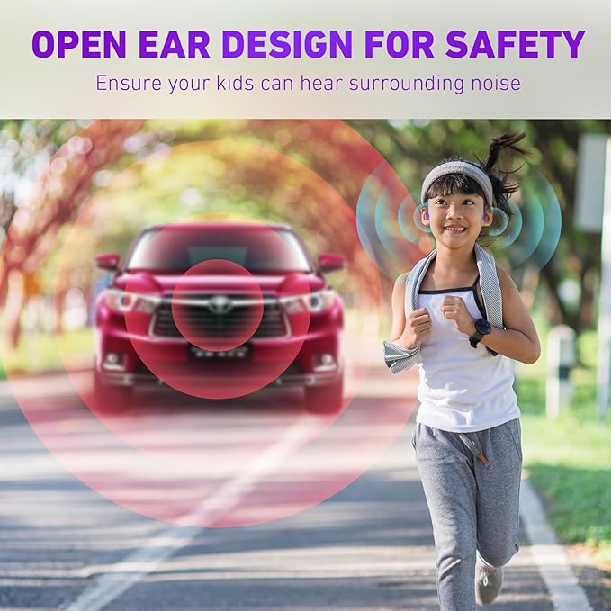 Kids Headphones, Bluetooth 5.2 Air Conduction Open Ear Headphones, 85dB Volume Limiting, Stereo Sound with Mic, IPX5 Waterproof, 20H Playtime, Perfect for School and Outdoor Activities-Purple