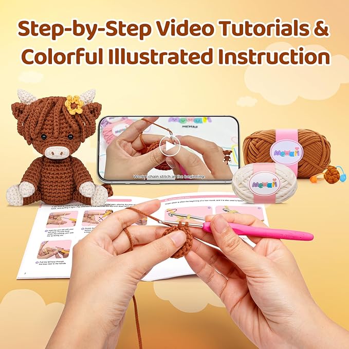 Mewaii Crochet Kit for Beginners with 40% Extra Eco-Friendly Pre-Started Easy Yarn, Step-by-Step Video Tutorials for Adults and Kids (Highland Cattle)