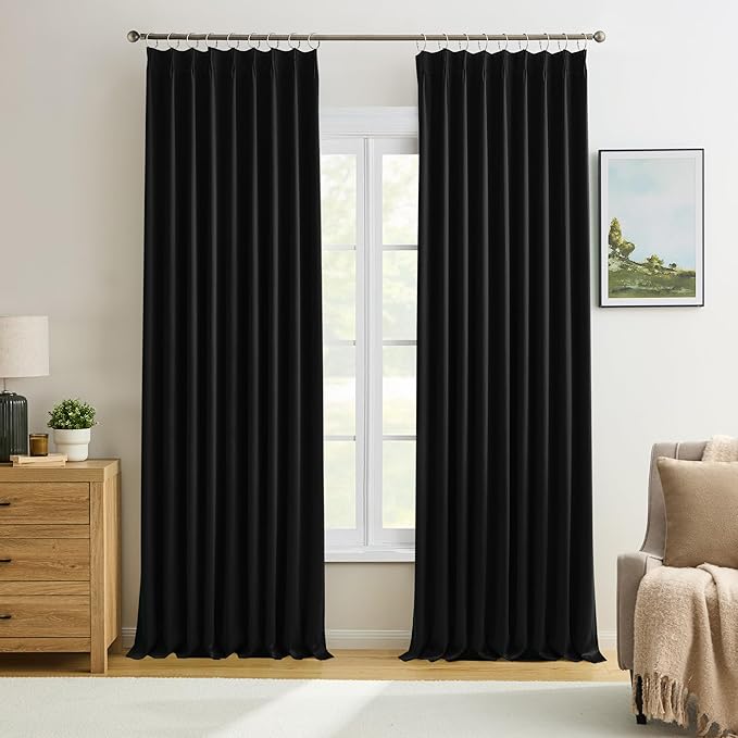 KEQIAOSUOCAI Black Pinch Pleated 60 Inch Wide Curtains 60 x 95, Thermal Insulated Noise Cancelling Living Room Office Drapes 95 Inches Long, Patio Sliding Glass Door Window Curtain 2 Panels