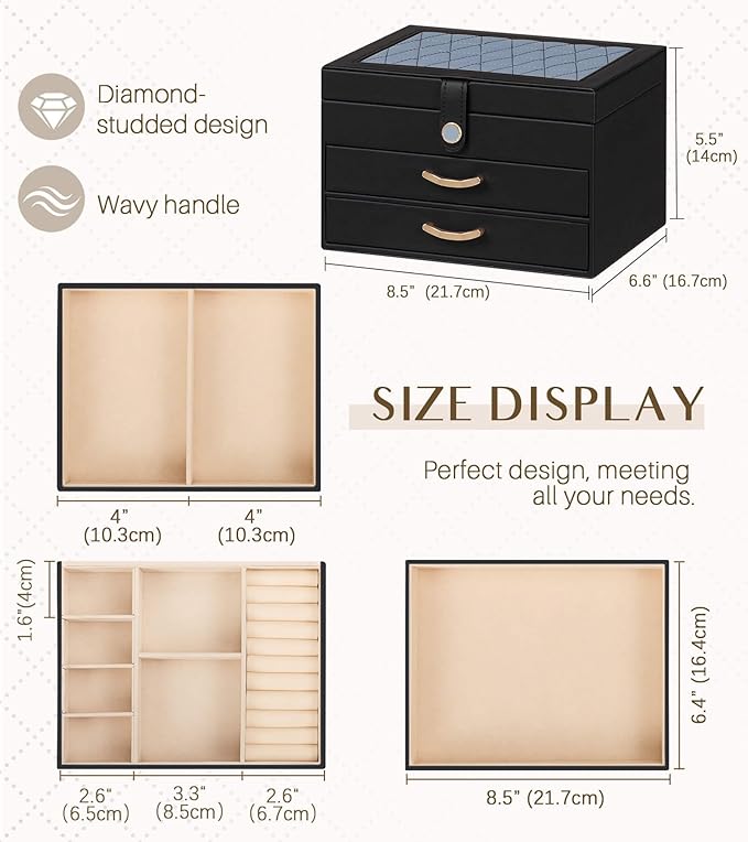 Black Jewelry Box Organizer: Home Decor for Women - 2-Drawer Holder for Valentine’s Day Birthday Christmas Black Grey-Blue