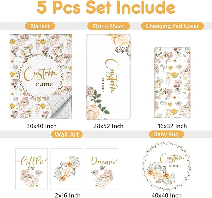 Personalized Baby Crib Bedding Set, 5 Pcs Custom Name Nursery Bedding Set, Yellow Flower Baby Bedding Set for Girl Boy, Double Layer Baby Crib Sets, Customized Gifts for Toddlers Kids Infants