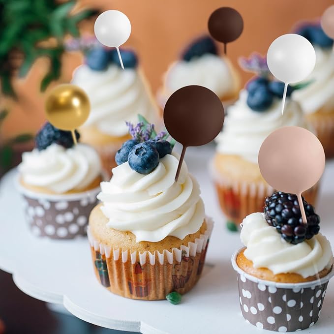 75 Pieces Cake Balls Topper Decorations Foam Cupcake Topper Mini Balloon Cake Topper Picks for Cake Deco Birthday Party Wedding（Brown Gold White Series）