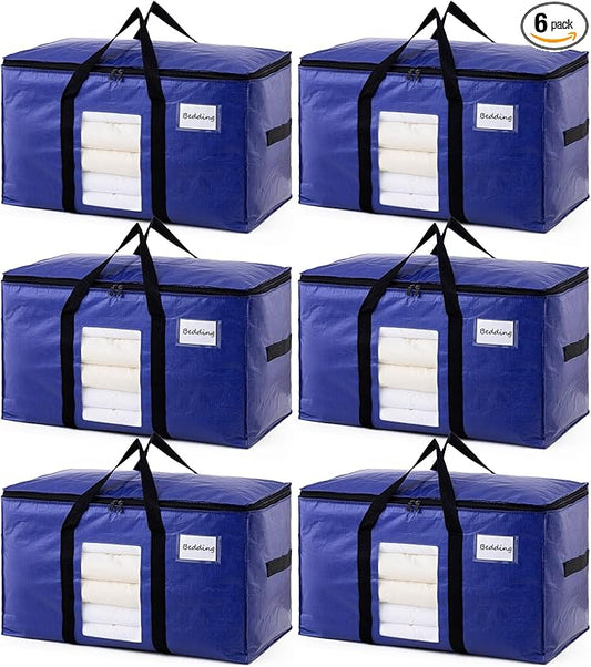 TAILI 6 Pack Dark Blue Extra Large Storage Bags, Heavy Duty Totes with Visible Window, Wrap Around Handles, Perfect for Moving