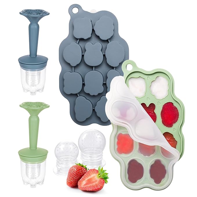 KingKam Baby Breastmilk Popsicle Molds & Baby Fruit Feeder (2 Pack), BPA Free Baby Food Teether Tray with Lids, Silicone Baby Food Teether Feeder, Teething Popsicle for Baby 4m+