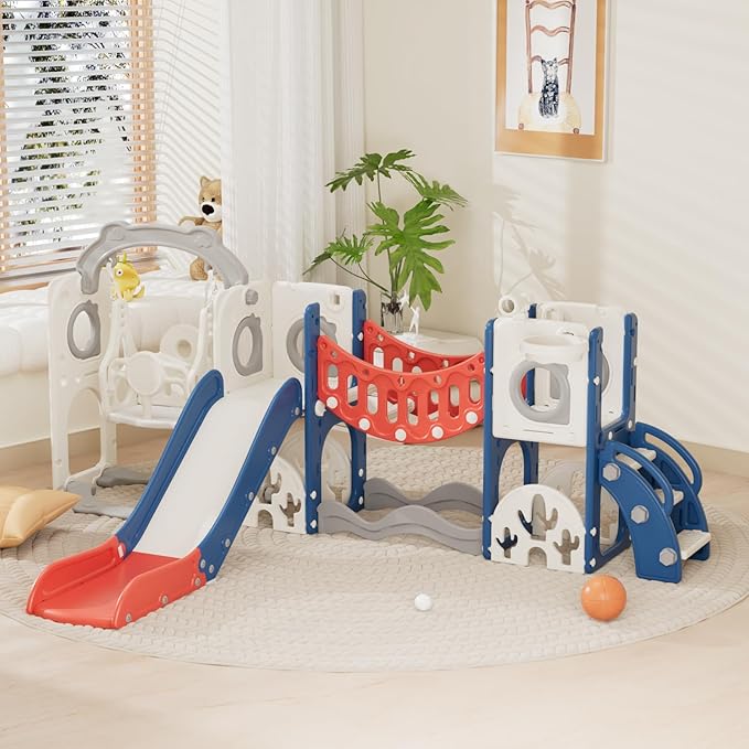 KORIMEFA 11 in 1 Toddler Slide and Swing Set, Kids Slide for Toddlers, Outdoor Indoor Playground for Toddlers 1-3, Toddler PlaySet with Basketball Hoop and Ball Golf Set, Climbing Arch(Red & Blue)