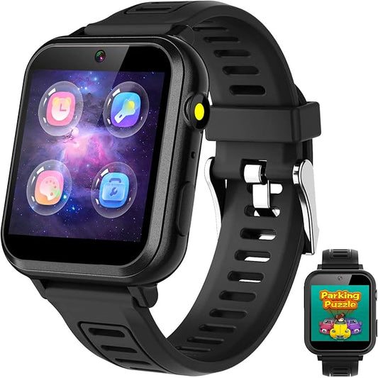 Smart Watch for Kids 4-12 Years Boys Girls,Smartwatch,Aluminum Case with Pink Sport Band,24 Games Camera Voice Music Video Player Recorder,Pedometer Flashlight, Birthday (Black)