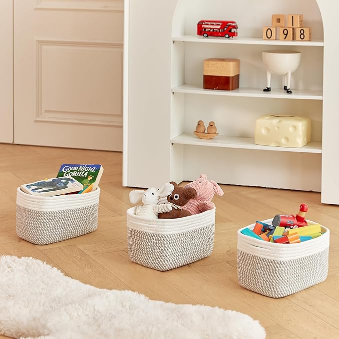 Small Cotton Rope Storage Basket Set of 3-11"x7"x7" Perfect Woven Baskets for Storage, Ideal Storage Baskets for Organizing Toys, Towels, and More - Baskets for Shelves（White & Mixed Grey）