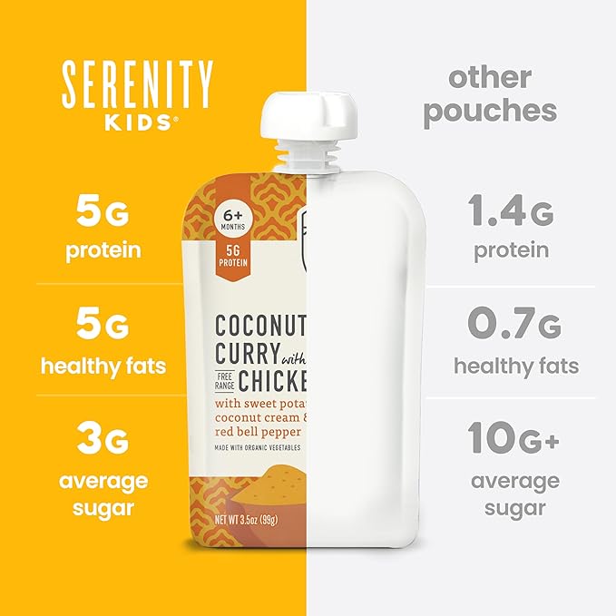 Serenity Kids 6+ Months Baby Food Pouches Chicken Coconut Curry Puree - Ethically Sourced Chicken & Non-GMO Veggies - BPA-Free for Baby Food Pouch - 3.5 Oz, 6 Pack