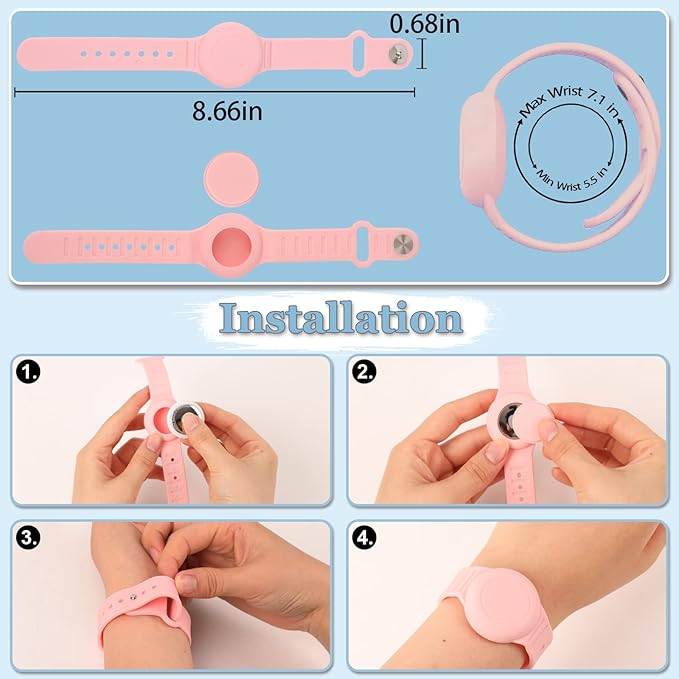 Kids Waterproof Airtag Bracelet Compatible with Apple AirTag, Hidden Silicon Protective Case for Air Tag GPS Tracker Holder, Adjustable Anti-Lost Watch Band for Toddler Child (Pink)