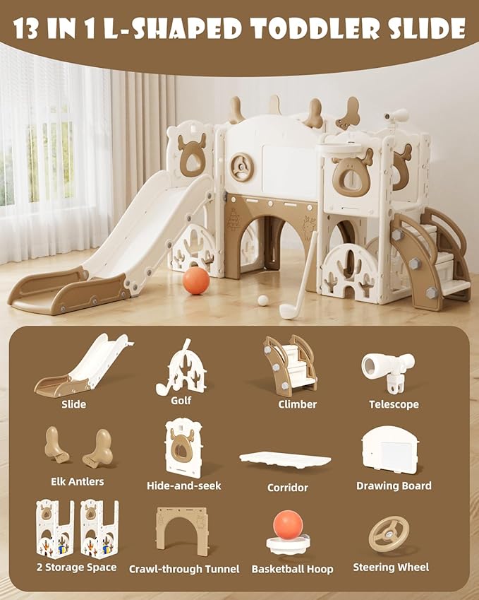 XJD 13 in 1 Toddler Slide Set, Kids Slide for Toddlers Age 1+, New Upgrade with Golf Set, Basketball Hoop, Drawing Board for Indoor Outdoor Playset,Toddler Playground (Brown)
