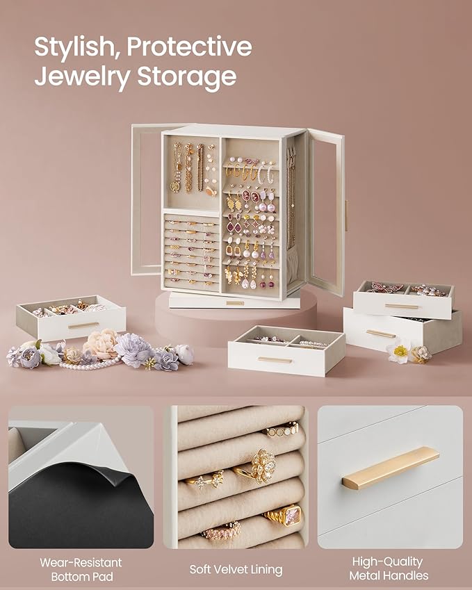 SONGMICS Jewelry Box 360° Rotating, Jewelry Storage Case with 7 Drawers, Jewelry Organizer, Glass Window, Spacious, Vertical Jewelry Storage, Open Design, Great Gift, Cloud White UJBC201W01
