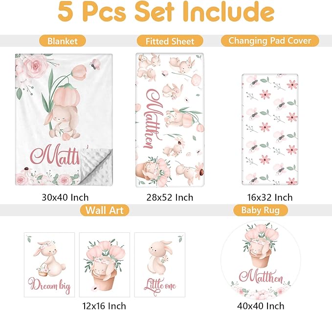 Custom Baby Crib Bedding Set - 5 Pcs Personalized Name Baby Crib Set with Double Layer Blanket - Soft Tulip Bunny Nursery Bedding Set for Girls Boys - Customized Gifts for Infants Toddlers