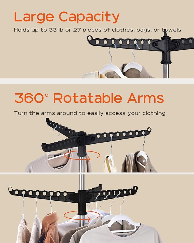 Clothes Drying Rack Foldable, 74.8 inch 2 Tier Laundry Drying Rack with Rotating Clothes Rail for 54 Pieces of Clothes, Space Saving, Indoor, Stainless Steel, Black and Silver CDR002B01