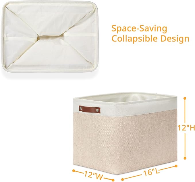 DULLEMELO 2-Pack Large Storage Baskets for Organizing 16"x12"x12" Canvas Fabric Storage Basket Bins With Leather Handles for Shelf Clothes Empty Gift Basket (White&Khaki)