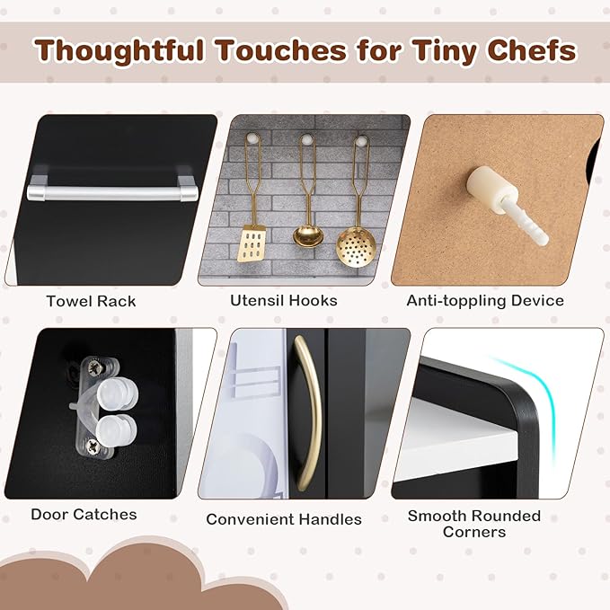 HONEY JOY Kids Kitchen Playset, Wooden Little Chef Pretend Toy Kitchen Set w/Chalkboard, Telephone, Utensils, Oven, Microwave, Sink, Storage, Play Kitchen for Toddlers Boys Girls, Black