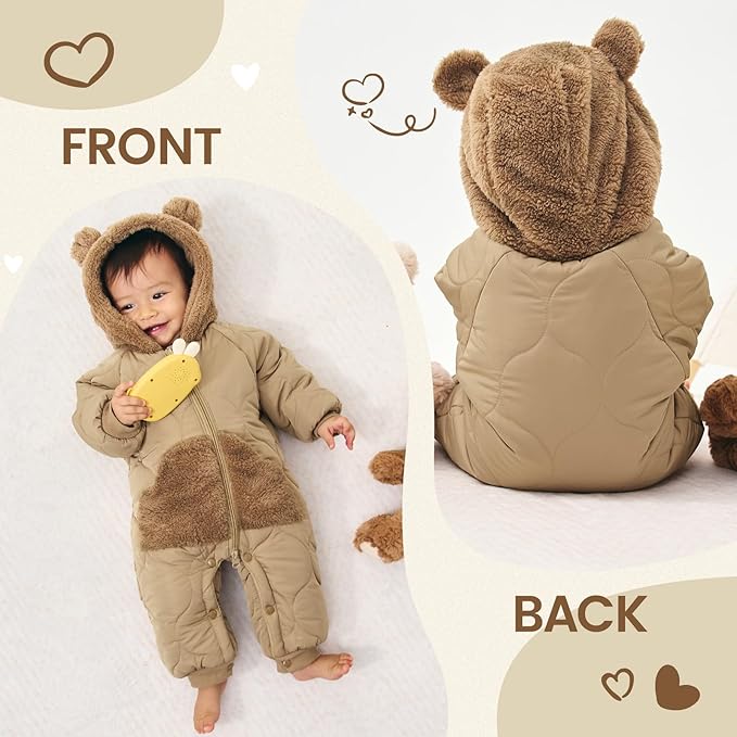 JiAmy Baby Snowsuit Newborn Winter Clothes Coat Romper Windproof Fleece Hat Zipper Baby Bear Outfit