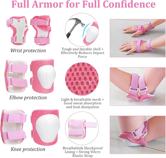 KAMUGO Kids Adjustable Helmet, with Sports Protective Gear Set Knee Elbow Wrist Pads for Toddler Age 2-8 Boys Girls, Bike Skateboard Hoverboard Scooter Rollerblading Helmet Set