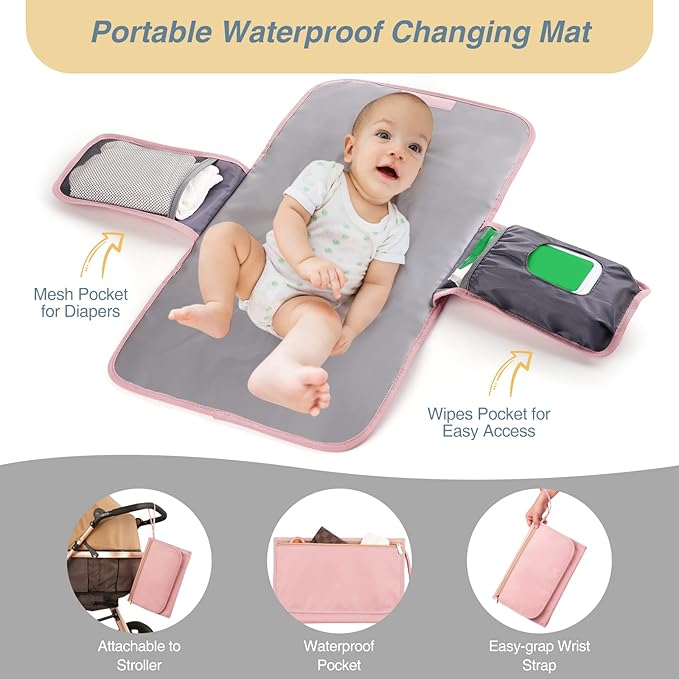 MOMUVO Diaper Bag Backpack, Quilted Baby Bag with Changing Pad & Stroller Straps & Pacifier Case, Large Travel Diaper Bags for Mom Dad, Pink