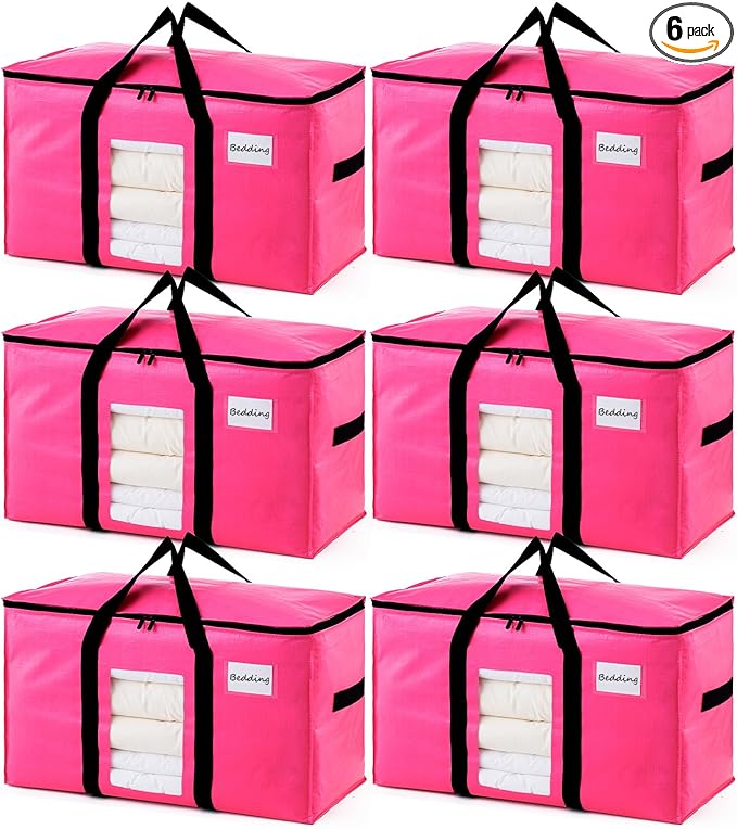 TAILI 6 Pack Pink Extra Large Moving Bags, Heavy Duty Totes with Visible Window, Wrap Around Handles, Space-Saving Storage Solution, Alternative to Moving Boxes
