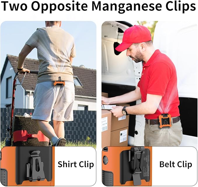 Socool 10000mAh Portable Waist Fan Clip on Wearable Belt Personal Fan Rechargeable Battery Operated with 5 Speeds & Flashlight Neck Hands-Free 40H Cooling for Outdoor Travel Power Bank (Orange)