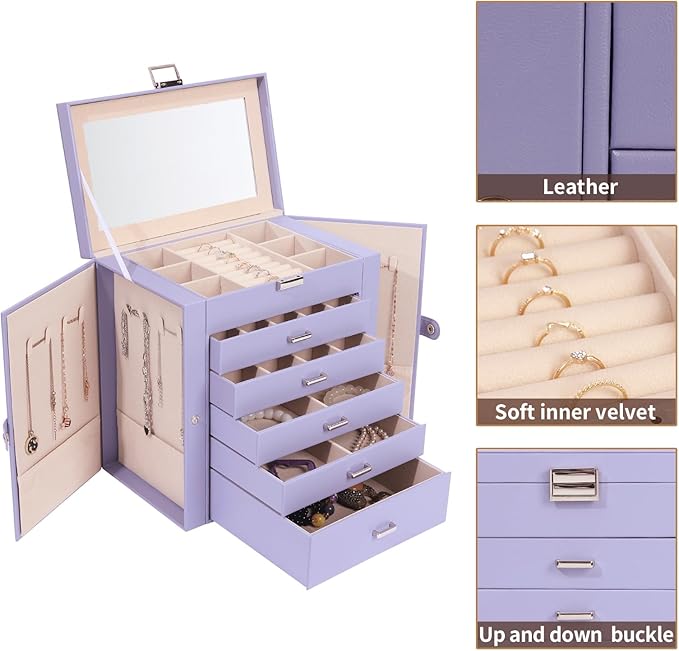 BOOVO Jewelry Box For women, 6 Layer Large Jewelry Organizer With Mirror, Multi-Function Storage Box With Lock, Accessory Holder With 5 Drawers, For Earrings Necklace Ring Bracelet (Purple)