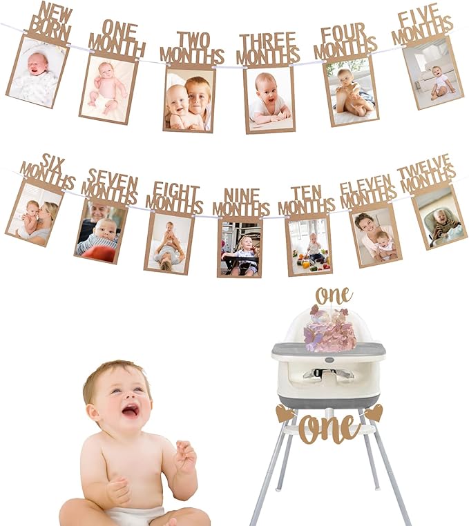 1st Birthday Photo Banner Decorations Monthly Milestone Photograph Bunting Garland with First Birthday Cake Topper High Chair Banner 1st Birth Decorations